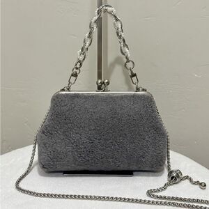 Gray Real Shearling Leather Handmade Kisslock Clutch Shoulder Bag, Crossbody